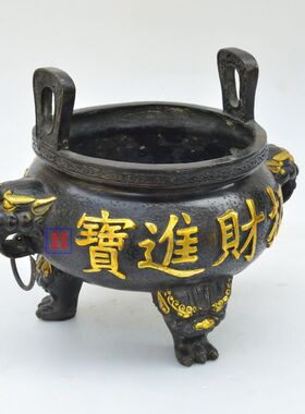 热销新款纯铜有求必应进宝三足虎头香炉聚宝盆聚财U家居客厅桌面