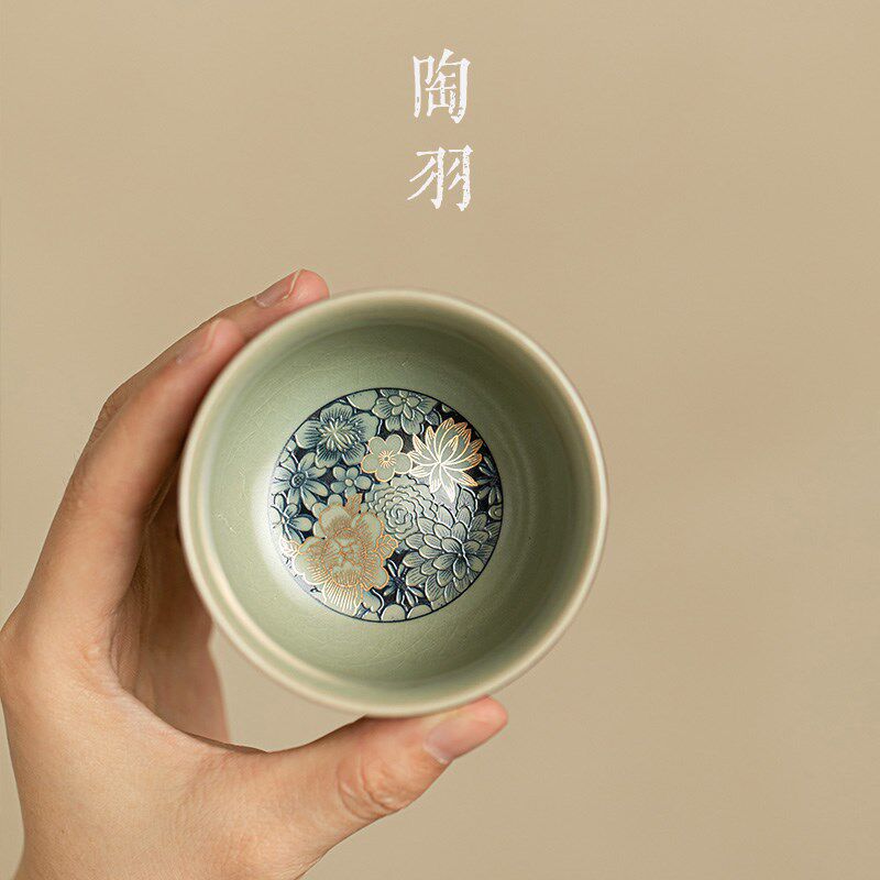 热销汝窑繁花茶h杯茶碗开片可养陶瓷功夫茶具主人杯个人专用品茗