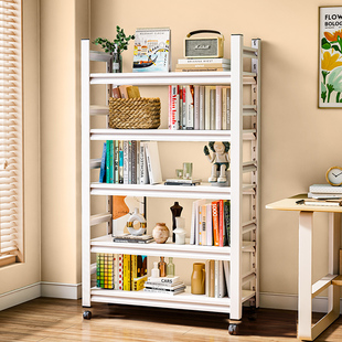 移动铁艺书架置物架多层落地简易钢制家用L书房收纳储物架带轮书