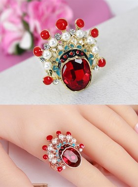 中国风刀马旦京剧脸谱戒指女韩版食指指环尾戒开口U戒气质个性饰