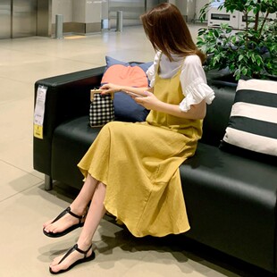 棉麻背带裙宽松大码长款过v膝连衣裙荷叶边娃娃裙学生鱼尾吊带裙