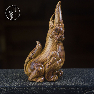 海南黄花梨獬豸手把件老料虎皮纹湘工男士盘玩吉祥木雕摆件送礼