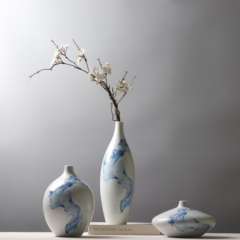 新中式陶瓷花瓶 创意贴花工艺品 客厅样板房插花装饰品小口瓶摆件