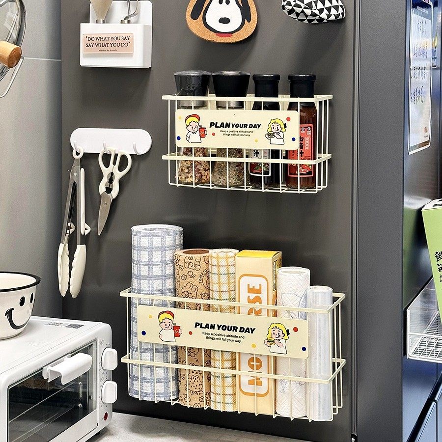 冰箱侧边调味料收纳盒家用铁艺磁吸置物架保鲜膜杂物收纳筐