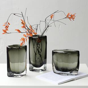 现代轻奢厚重扁形烟灰方口琉璃花瓶样板房客厅酒店软装几何摆件