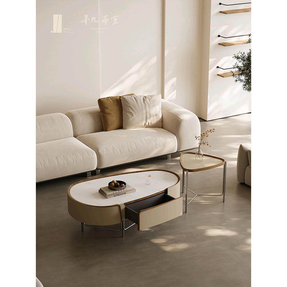 轻奢极简高级感马鞍皮茶几创意客厅家用高低组合桌简约现代不锈钢