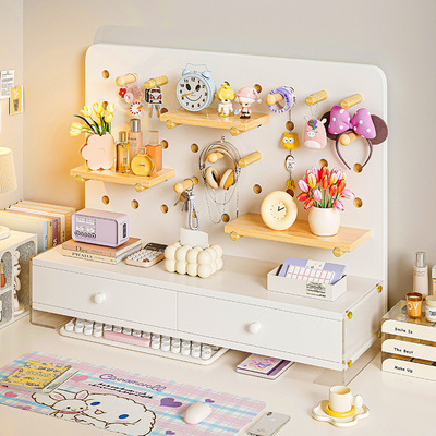 桌面洞洞板置物架实木书桌学习桌上收纳书架一体带抽屉立式展示架