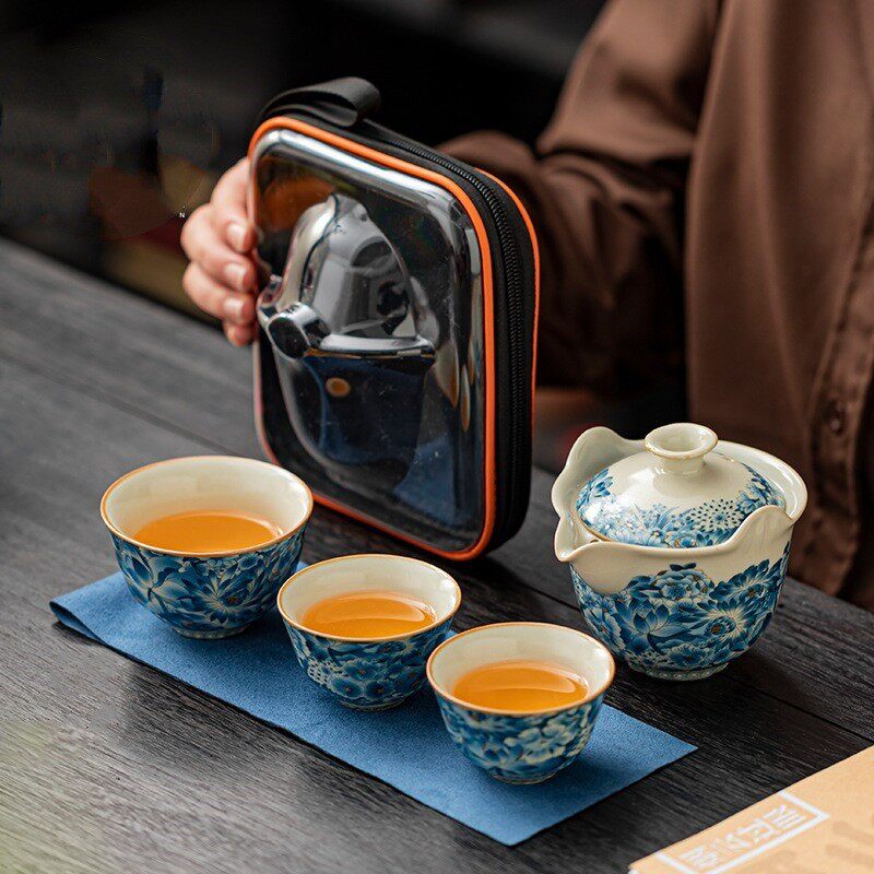汝窑青花瓷快客杯2024新款便携式旅行茶具套装户外随身一壶三杯