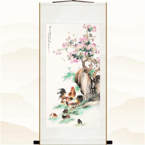颜伯龙公鸡母鸡小鸡图 玄关书房客厅装饰画 国画丝绸画挂画定制图片