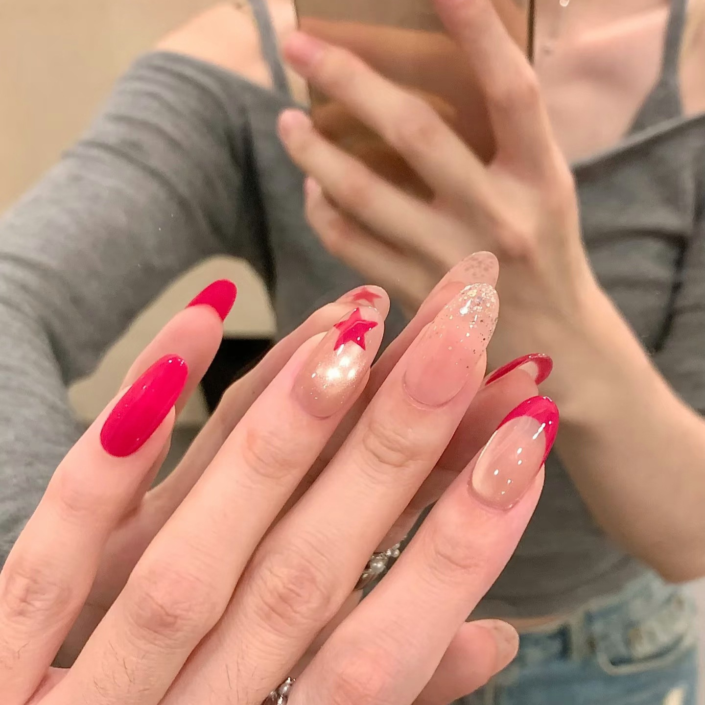 纯手工穿戴甲火龙果配色芭比粉