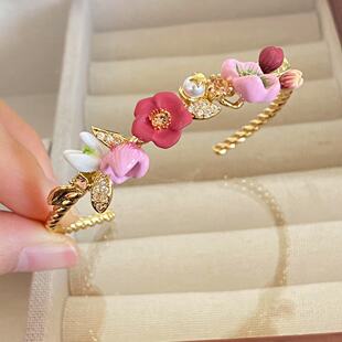 珐琅法国雪绒花冬季系列菟葵花粉红色雪花莲手镯