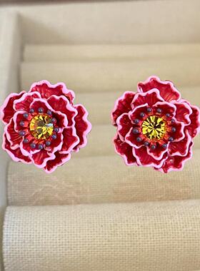 法国珐琅ln葡萄庄园系列红色桃花耳钉项链戒指