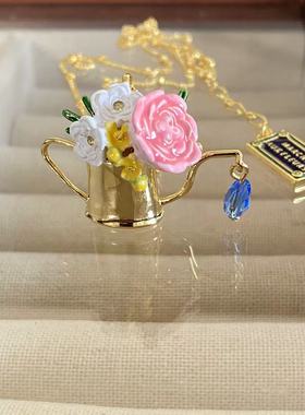 法国小众设计浪漫巴黎系列玫瑰花束花洒水壶项链胸针