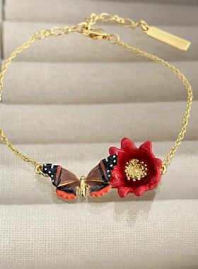 法国珐琅荷兰风情蝴蝶红色花朵手链