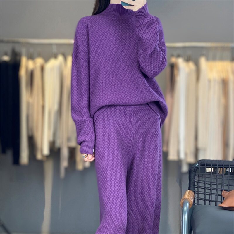 2025秋冬新款100%纯羊毛衫女半高领加厚宽松慵懒风毛衣针织套装