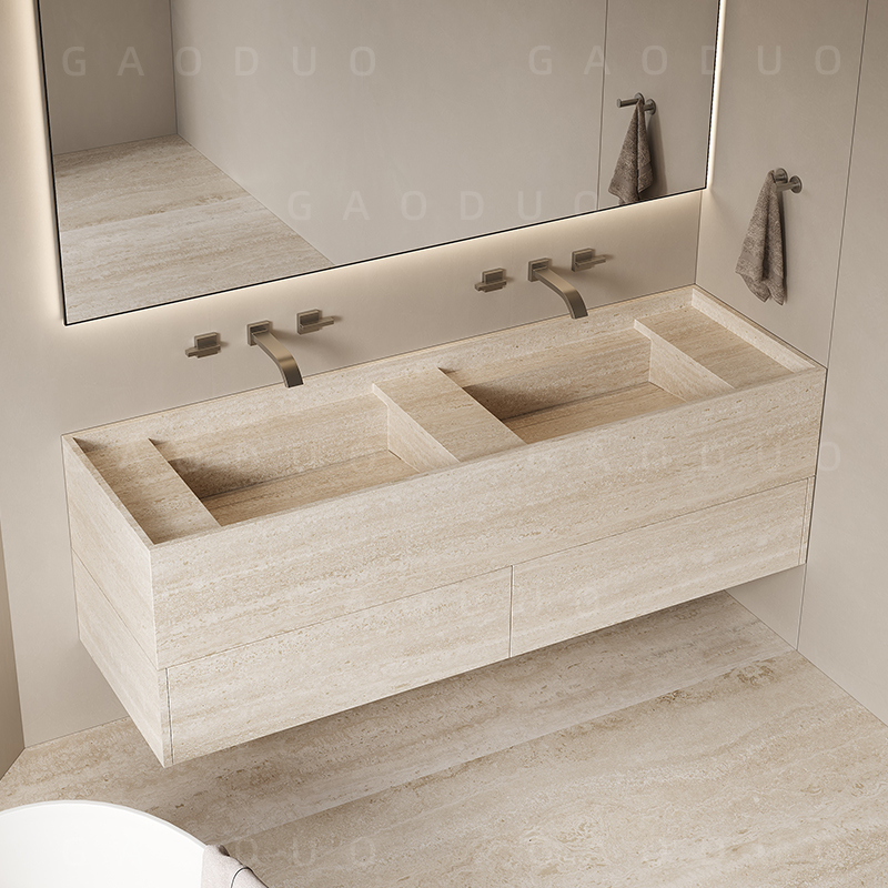 洞石木纹岩板一体无缝盆浴室柜组合卫生间高端洗手洗脸洗漱盆定制