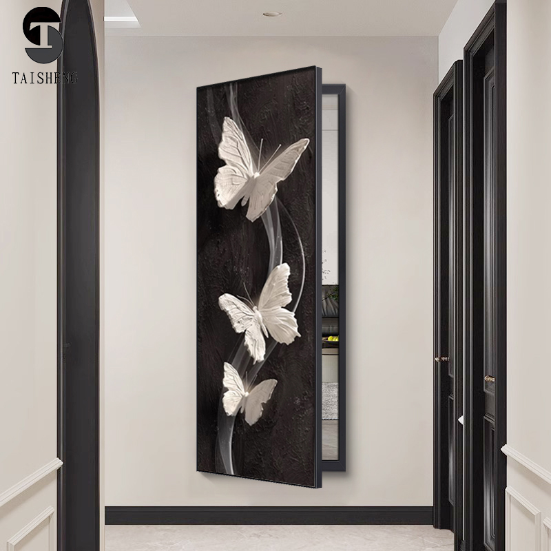 隐藏式推拉全身镜黑白蝴蝶装饰画玄关卧室翻开门暗藏式隐形镜子画