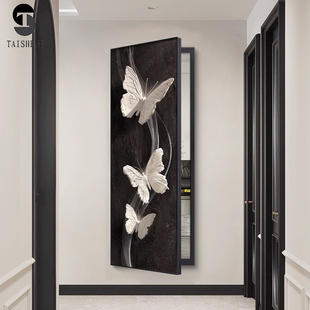 隐藏式推拉全身镜黑白蝴蝶装饰画玄关卧室翻开门暗藏式隐形镜子画