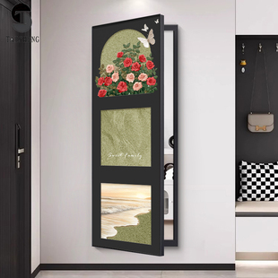 法式复古玫瑰隐藏式全身镜子挂墙翻开门推拉隐形挂画暗藏式穿衣镜