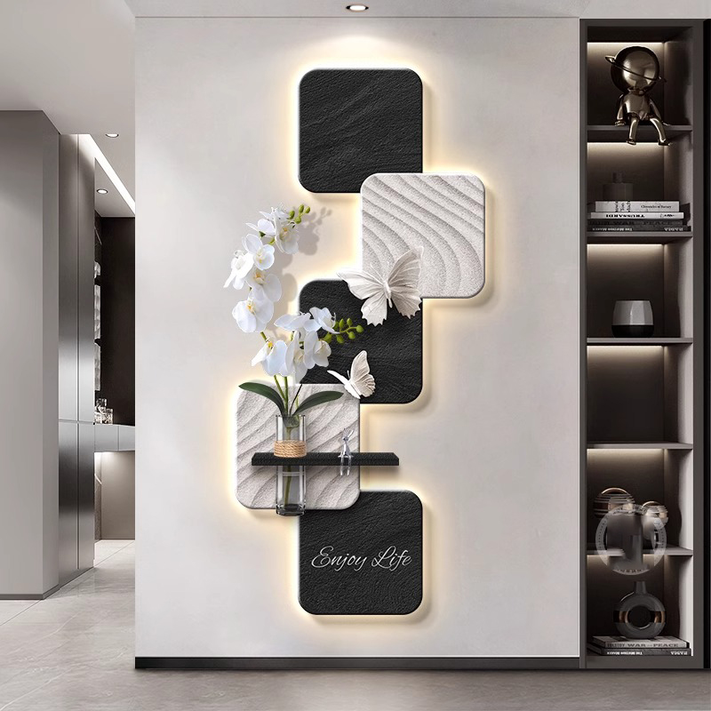 黑白简约水培绿植玄关装饰画带灯发光走廊过道入户门挂画壁灯画