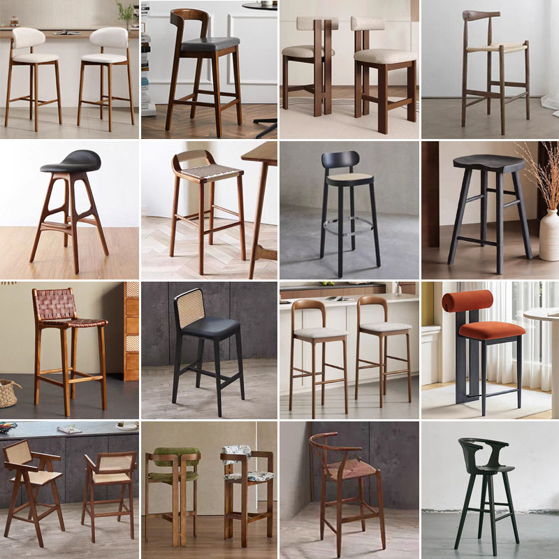 中古风白蜡木靠背吧台高脚椅