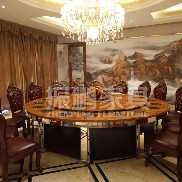 新中式岩板电动转盘火锅圆桌