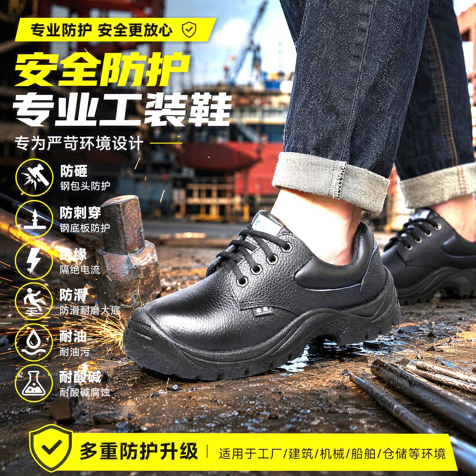跨境工地鞋防砸防刺穿牛皮钢包头聚氨酯防滑透气绝缘劳保鞋安全鞋