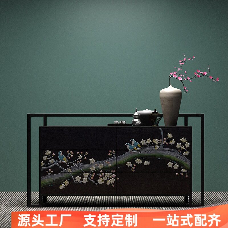 新中式玄关柜鞋柜简约现代餐边柜门厅柜隔断实木花鸟彩绘装饰边柜