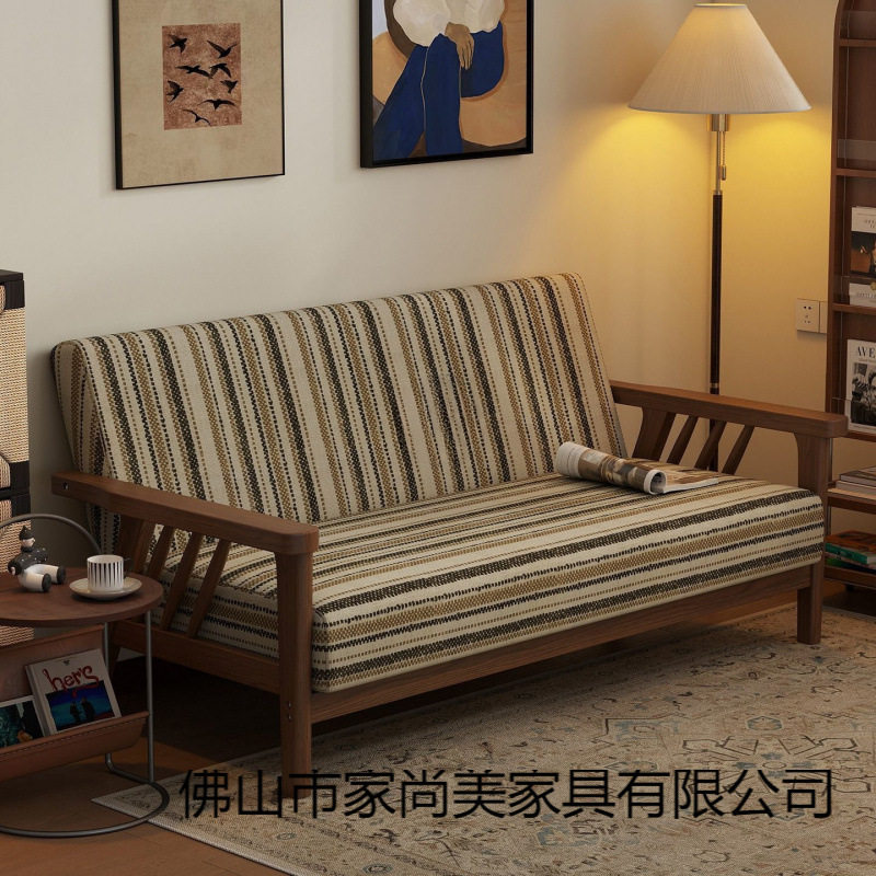 中古风小户型实木双人沙发客厅公寓出租房民宿棉麻布艺直排小沙发