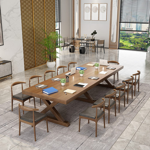 北欧全实木复古大型会议室长桌子简约公司休闲商用接待桌桌椅组合