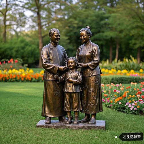 玻璃钢雕塑一家人拍照情景展馆主题亲情家庭幸福文化人物仿铜雕塑
