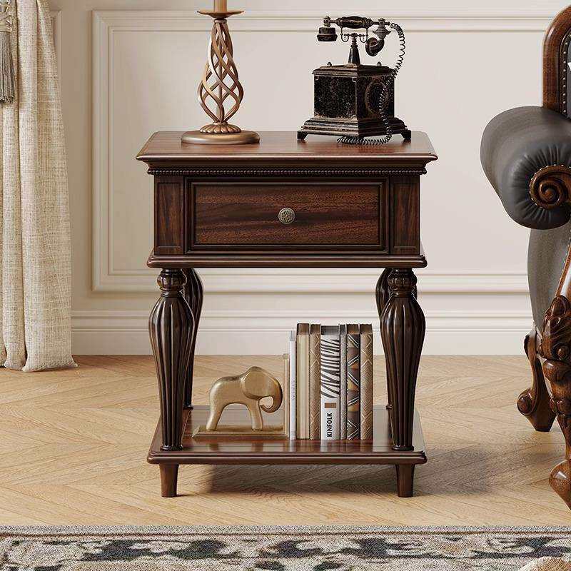 美式复古乡村黑胡桃木茶几家用全实木角几大小户型客厅双层小边几