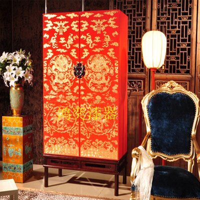 新中式实木手绘彩绘衣柜 漆器家具储物收纳橱柜2门漆画高柜子设计