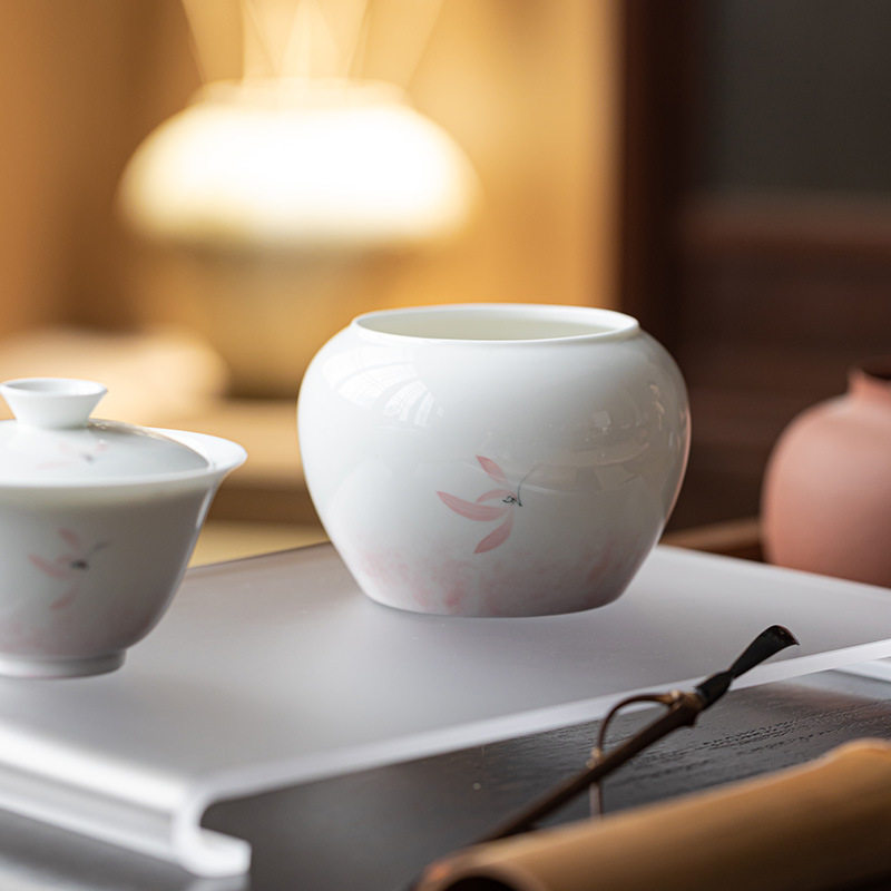 皓澜手绘粉兰花建水陶瓷茶渣桶水盂茶桌家用杯洗废水缸茶道配件