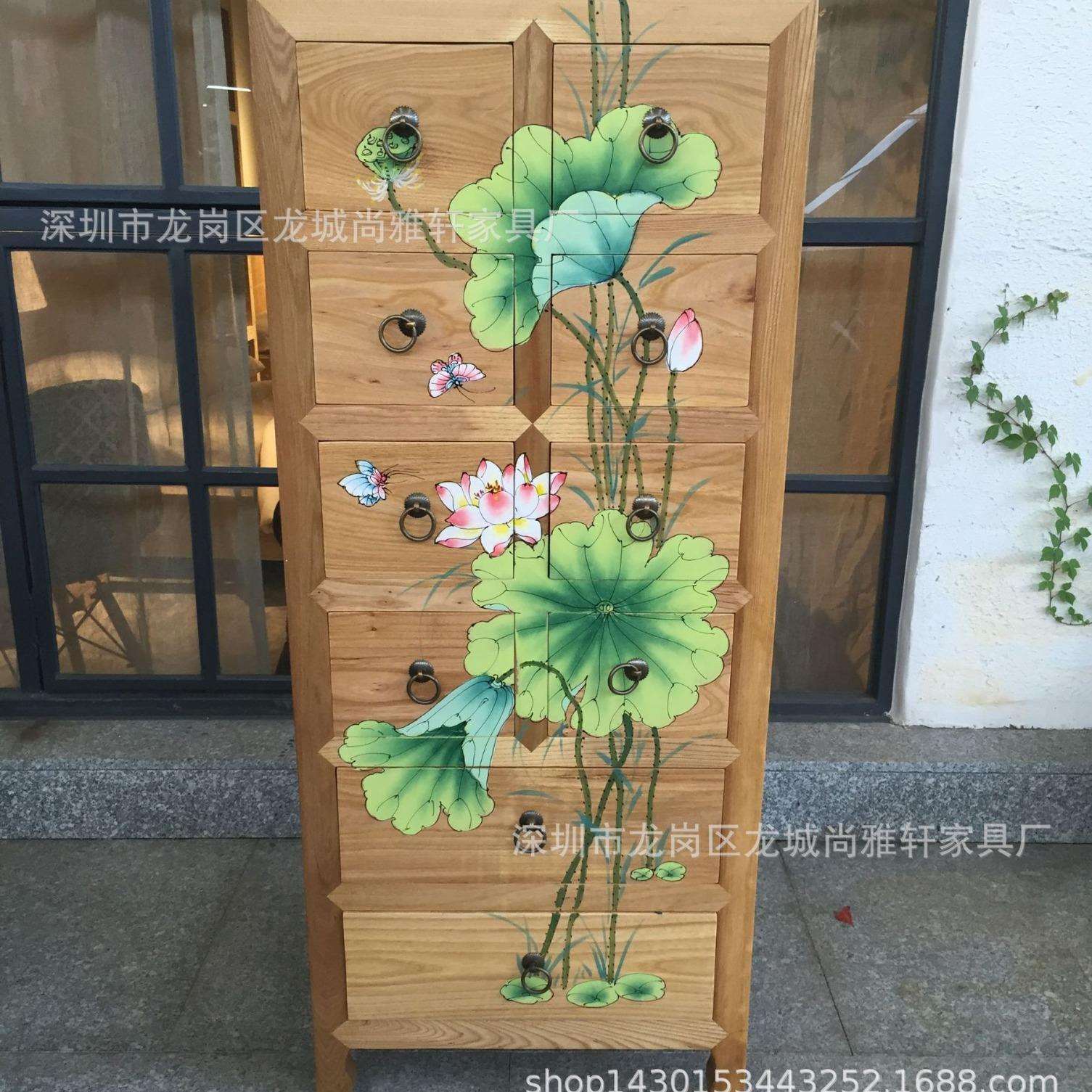 香樟木实木斗柜新中式家用酒店储物柜鞋柜创意手绘荷花卧室收纳柜
