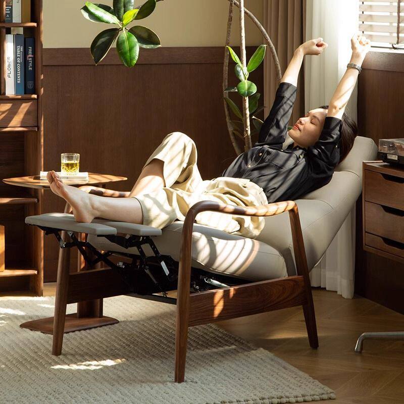 北美黑胡桃木功能沙发椅懒人客厅单人可调节实木小户型北欧扶手椅