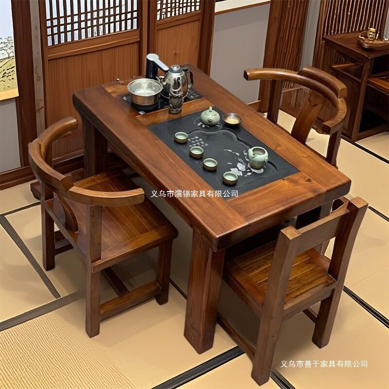 客厅阳台家用小纯实木茶几茶台老船木办公室茶桌小户型茶桌椅组合