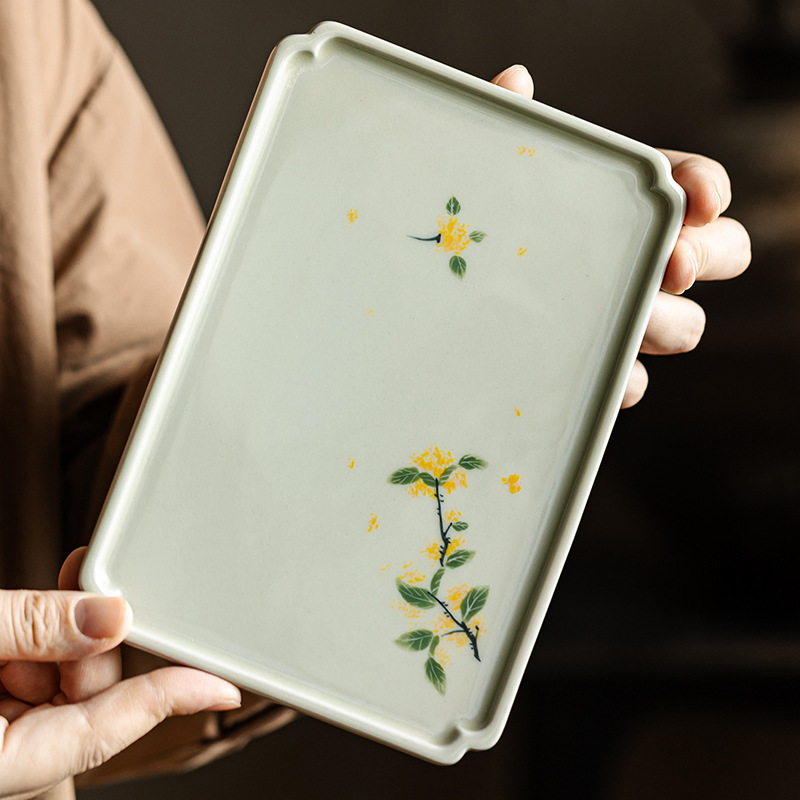 草木灰手绘干泡盘桂花小茶盘托盘长方形茶杯放置盘陶瓷台家用茶具
