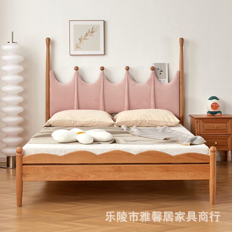 北美樱桃木实木儿童床学院风软包靠背单人床白橡木丝绒布艺双人床