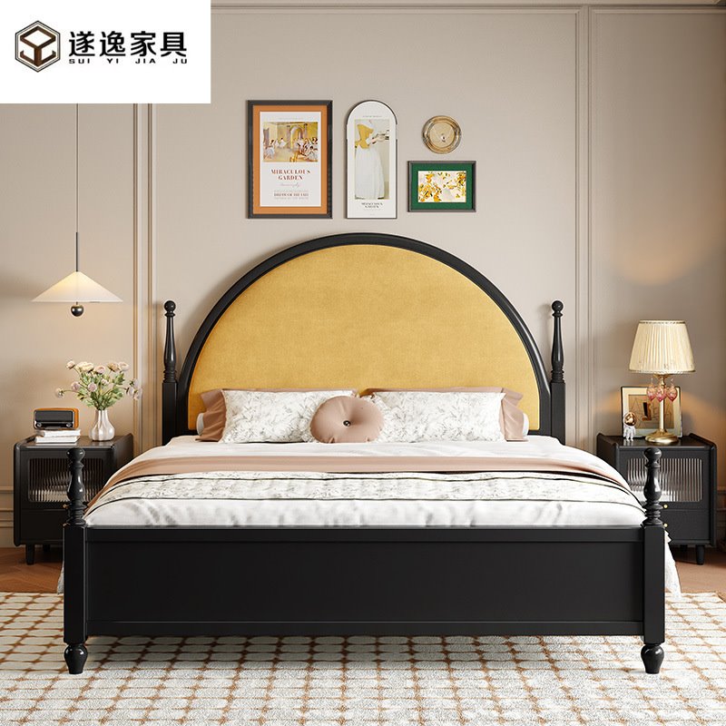 美式乡村复古风实木床1米8双人床1米5主卧法式婚床民宿藤编床黑色