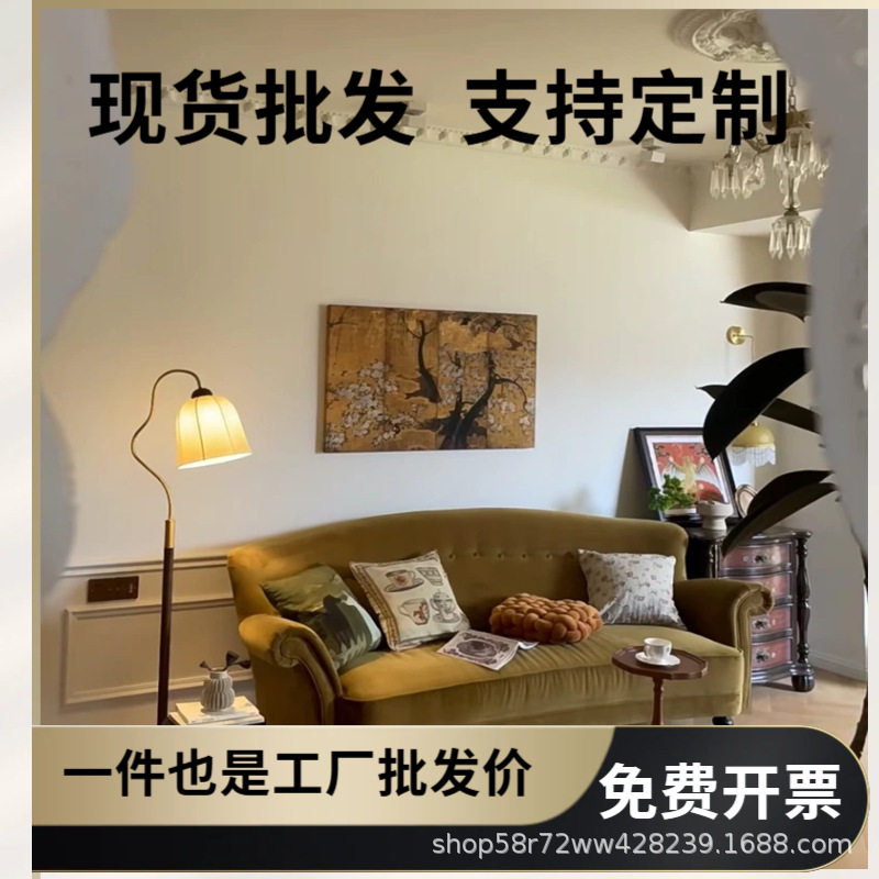 法式复古丝绒拉扣直排小户型中古风棕黄色高背三人位客厅民宿沙发