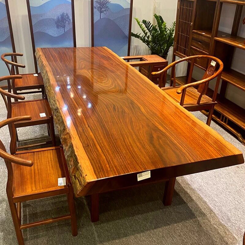 奥坎整板实木大板茶桌茶台胡桃木巴花书桌餐桌新中式办公老板桌