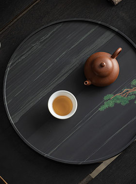 皇庭玉影雕手工石茶盘天然石材乌金石茶盘简约圆形干泡茶台茶托盘