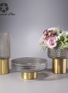 钻石星玻璃花瓶摆件电镀镶铜人工吹制插花瓶批发轻奢家居摆件花瓶