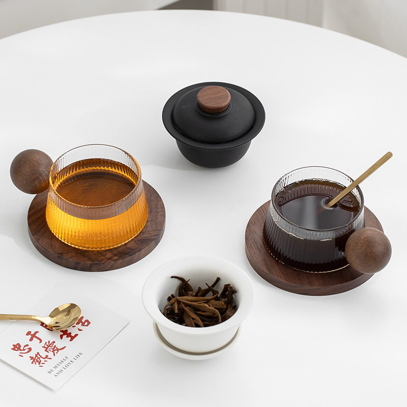 国潮创意咖啡杯碟套装圆球木柄轻奢玻璃茶水分离办公室情侣喝茶杯