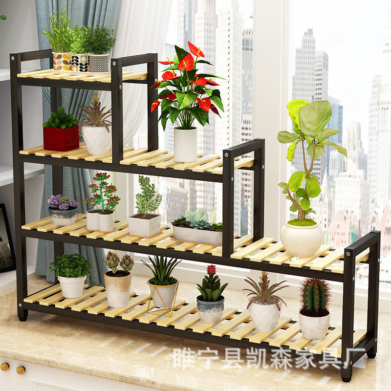 实木铁艺落地多层阶梯花架