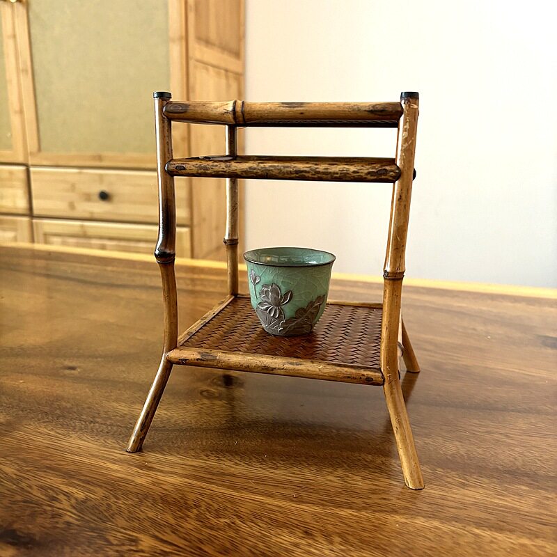 复古竹制两层茶具收纳架