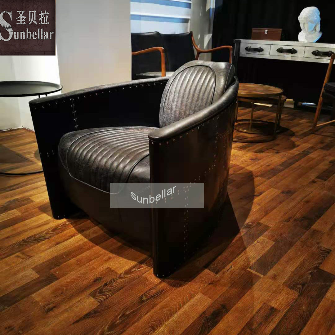 黑色真皮沙发椅金属铝皮扶手会所咖啡厅座椅沙发家具复古风美式