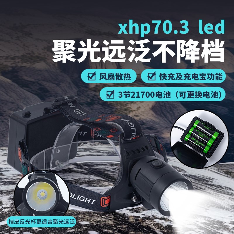 硕丽德R19f降光远泛5000流明不降档风扇散热头灯3节21700电池可换