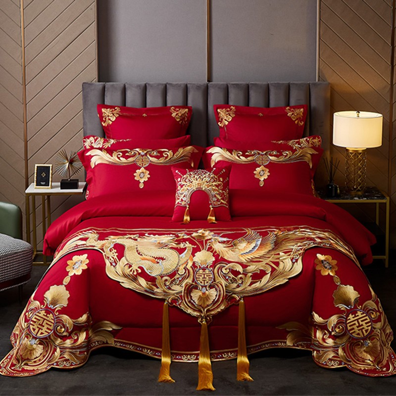 新婚庆四件套全棉大红色纯棉床品结婚礼喜被六八件套刺绣床上用品